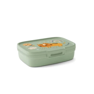 Zöld színű CURVER 'SNAP BOX' multifunkciós tároló doboz, 1,3 liter űrtartalommal, vidám állatos mintával, könnyen záródó tetővel, ideális ételek és kisebb tárgyak tárolására. Fehér háttéren fotózva.