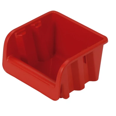 Vörös műanyag csavartartó, praktikus tárolórekesszel, amely könnyű hozzáférést biztosít apró alkatrészekhez. Méretei: 10,8 cm hosszú, 11,5 cm széles és 7,5 cm magas.