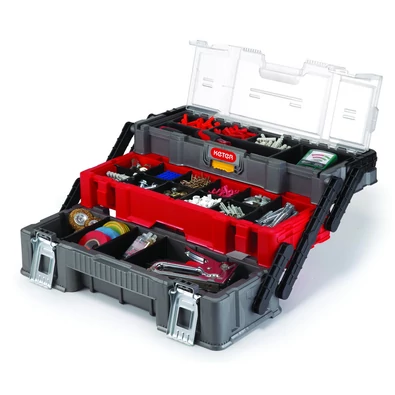 Praktikus KETER CANTI TRIO szerszámosláda, fekete és piros színben, átlátszó polikarbonát tetővel. Több szintes kialakítása segít az eszközök rendszerezésében. Fém csatok biztosítják a biztonságos záródást, ideális profiknak és