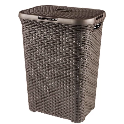 Sötétbarna, rattan hatású CURVER „STYLE” szennyestartó, 60 literes kapacitással, nagy, könnyen hozzáférhető fedővel. Ideális tárolásra, jól szellőzik és tisztántartása egyszerű. Szép, tartós anyagból készült.