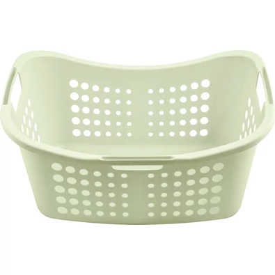 Krém színű Curver 'Victor' 50 literes ruháshordó kosár, lyukacsos mintázattal, három fogóval a könnyű kezelés érdekében. Műanyagból készült, tartós és könnyen tisztítható, fehér háttéren fotózva.