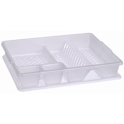 Nagy méretű, fehér CURVER edényszárító, kiváló minőségű műanyagból készült. Praktikus rekeszekkel rendelkezik az evőeszközök és étkészletek szárításához, sötét háttér előtt.