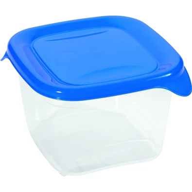 Átlátszó műanyag ételtartó kék fedéllel, szögletes formában, 0,45 liter űrtartalommal. A hűtőszekrényben tárolható, mikrohullámú sütőben melegíthető és mosogatógépben tisztítható.