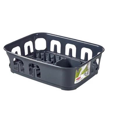 Szürke színű CURVER 'ESSENTIALS' edényszárító, praktikus kialakítással, amely akár 9 tányér illetve poharak tárolására is alkalmas. Mérete 39 cm hosszú, 29 cm széles és 10,1 cm magas. Fehér háttéren fotózva.