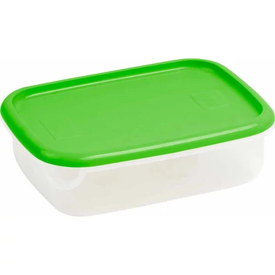 Átlátszó, zöld fedéllel készült CURVER 'LUX' négyszögletű ételtartó, 1,5 literes űrtartalommal. Praktikus és hőmérsékletálló műanyagból készült, könnyen tisztítható. Fehér háttéren fotózva.