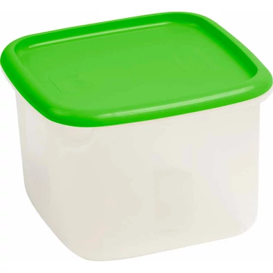 Átlátszó, négyzet alakú ételtartó zöld fedéllel, 1,75 liter űrtartalommal. Magas és alacsony hőmérsékletnek ellenálló műanyagból készült, könnyen tisztítható mosogatás után.