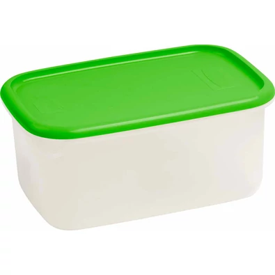 Átlátszó műanyag ételtartó zöld fedéllel, 4,4 literes űrtartalommal, univerzális használatra, magas és alacsony hőmérsékletnek ellenálló. Konyhai tárolásra ideális, mosogatógépben is tisztítható.
