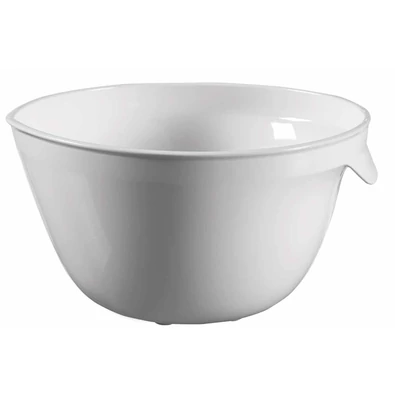 Szürke CURVER 'ESSENTIALS' keverőtál, 2,5 literes kapacitással, könnyű műanyagból készült, kézreálló fogantyúval és kiöntő peremmel. Tiszta, minimalista design, fehér háttéren fotózva.