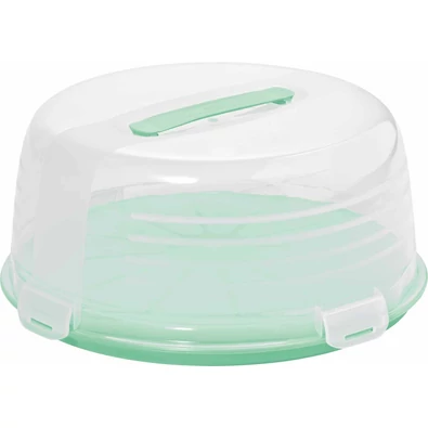 Mentazöld CURVER tortabúra, átlátszó fedéllel és kényelmes fogantyúval, mely biztosítja a sütemények biztonságos tárolását és szállítását. Kiválóan alkalmas torták és muffinok számára, fehér háttéren fotózva.