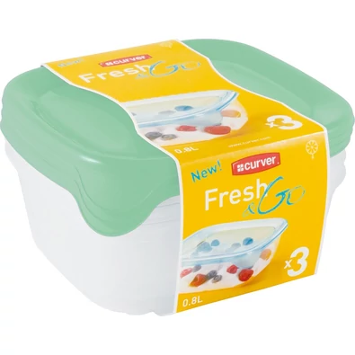 Átlátszó műanyag ételtároló szett zöld tetővel, 3 darab 0,8 literes tárolóval. A Fresh&Go szett hűtőben tárolható, mikrohullámú sütőben melegíthető, mosogatógépben mosható.