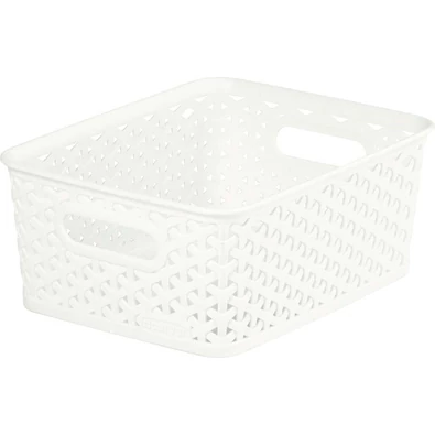 Krém színű CURVER 'MY STYLE' S méretű rattan hatású tárolókosár, kézreálló fogantyúkkal, multifunkcionális használatra a fürdőszobában, hálószobában és nappaliban. Méretei: 25,5 cm hosszú, 19,6 cm széles és 10,3 cm magas.