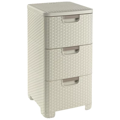 Krémszínű CURVER 'STYLE' RATTAN 3 fiókos szekrény, elegáns rattan hatású textúrával. Három 14L űrtartalmú fiókokkal, könnyen kihúzható fogantyúkkal, stabil lábakkal. Ideális magazinok vagy fürdőszobai kiegészítők tárolására.