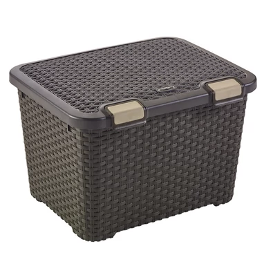 Sötétbarna, rattan hatású CURVER 'STYLE' tároló láda 43L-es kapacitással, zárható fedéllel és kézreálló fogantyúkkal. Ideális különböző tárgyak, mint például ruhák vagy játékok tárolására, fehér háttéren fotózva. Sötétbarna, rattan hatású CURVER 'STYLE' tároló láda 43L-es kapacitással, zárható fedéllel és kézreálló fogantyúkkal. Ideális különböző tárgyak, mint például ruhák vagy játékok tárolására, fehér háttéren fotózva.