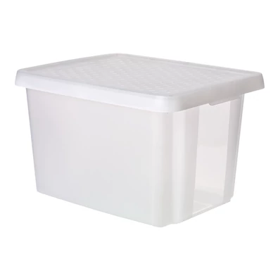 Átlátszó, műanyag tároló doboz fedővel, 45 literes űrtartalommal, 40 cm hosszú, 57 cm széles és 30 cm magas. Ideális akár egymásra helyezésre is, a helytakarékosság érdekében. Átlátszó, műanyag tároló doboz fedővel, 45 literes űrtartalommal, 40 cm hosszú, 57 cm széles és 30 cm magas. Ideális akár egymásra helyezésre is, a helytakarékosság érdekében.
