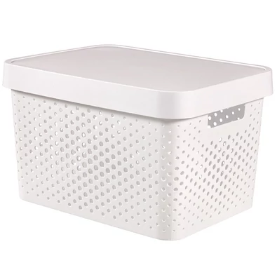 Fehér CURVER 'INFINITY' kosár tetővel, 17 literes kapacitással, lyukacsos mintázattal, könnyen szállítható fogantyúkkal, praktikus tárolási megoldás. Műanyagból készült, könnyen tisztítható, környezettudatos alapanyaggal.