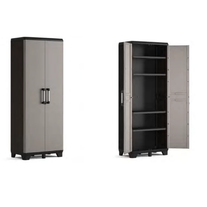 Fekete és szürke KETER 'PRO' magasszekrény, alumínium fogantyúkkal, zárható ajtókkal és négy állítható polccal, amelyek egyenként 20 kg-ot bírnak. Az elegáns tervezés stabilitás érdekében műanyag sarkokkal és központi lábakkal