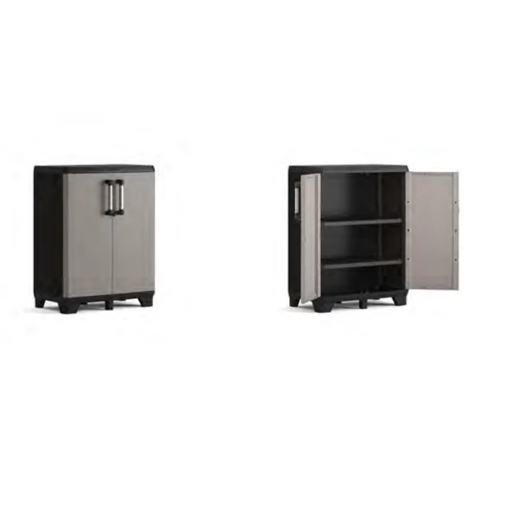 Alumínium fogantyúval rendelkező KETER 'PRO' alacsony szekrény, fém rudakkal megerősített polcokkal, amelyek egyenként 20 kg-ot bírnak el. Zárható, állítható polcokkal és lábakkal, stabilitást növelő műanyag sarkokkal.