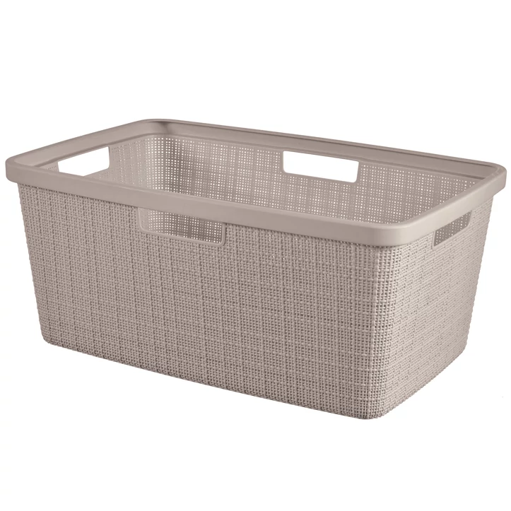 CURVER "Jute" szennyestartó kosár 46 literes, homokszínű kivitelben, természetes hatású fonott mintázattal és ergonomikus fogantyúkkal a kényelmes hordozhatóság érdekében.