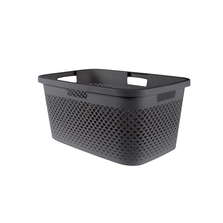 CURVER "Pure" szennyestartó kosár 47 literes űrtartalommal, elegáns fekete színben, modern rattan hatású dizájnnal és kényelmes, oldalán elhelyezett fogantyúkkal.