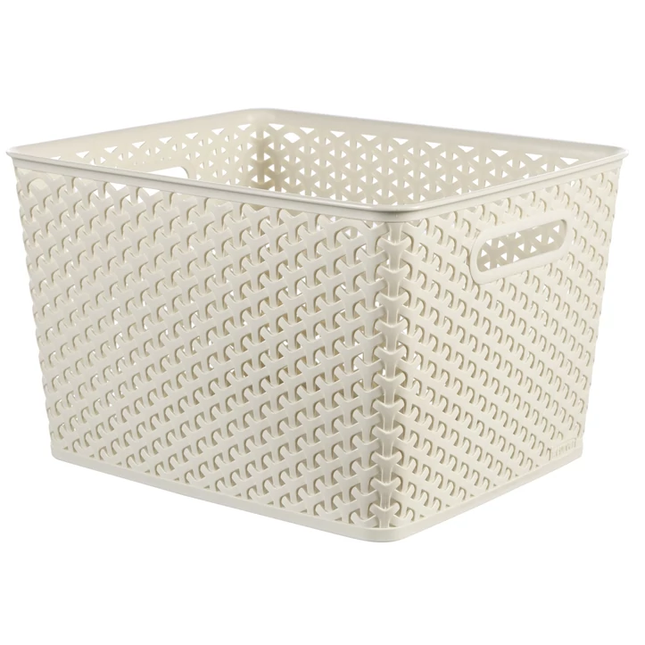 Rattan hatású, krém színű CURVER 'MY STYLE' L méretű tároló kosár, 35,5 cm hosszú, 29,6 cm széles és 22 cm magas. Multifunkcionális, kézreálló fogantyúkkal, ideális fürdőszobába, hálószobába vagy nappaliba.