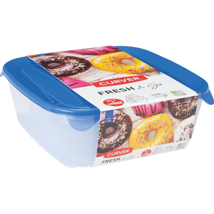 Átlátszó és kék színű CURVER 'Fresh&Go' szögletes ételtartó szett, amely három különböző méretű tartályt tartalmaz (0,25L, 0,8L, 1,7L). A termék funkcionális, mikrohullámú sütőben használható, és helytakarékosan egymásra