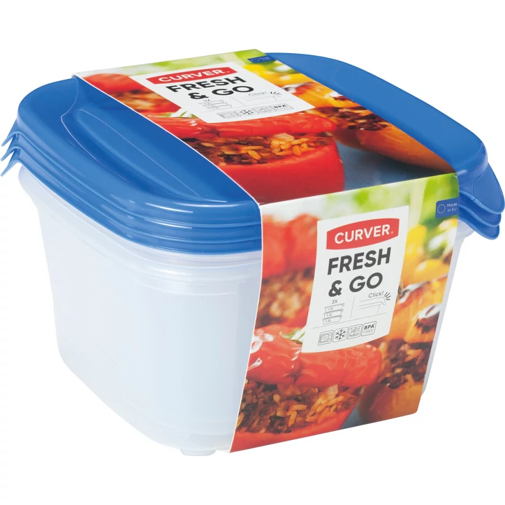 CURVER 'FRESH&GO' négyzetes ételtároló készlet, 3 db 1,2 literes, átlátszó műanyagból készült tárolókkal, kék fedéllel. A tárolók hűtőszekrényben, mikrohullámú sütőben és mosogatógépben is használhatók, egymásra