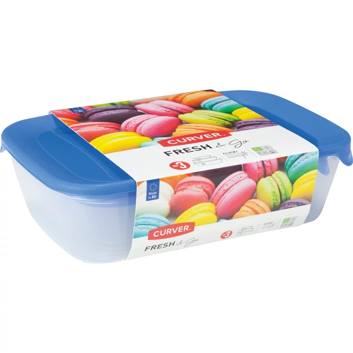 Kék tetővel ellátott, átlátszó műanyag ételtartó szett, mely három különböző méretű dobozt (0,5L, 1L, 2L) tartalmaz. A csomagoláson friss élelmiszerek láthatók, ideális hűtőszekrényben való tárolásra.