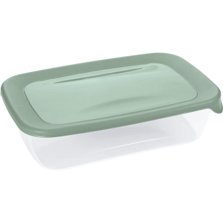 Átlátszó műanyag ételtároló doboz zöld színű, jól záródó fedéllel. Friss ételek, maradékok vagy uzsonna higiénikus tárolására alkalmas, praktikus és tartós kialakítással.