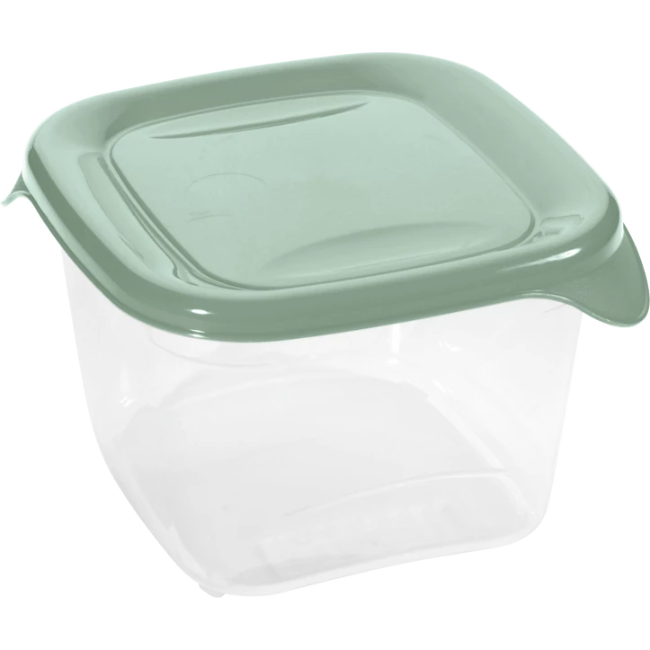 Átlátszó műanyag ételtároló doboz zöld színű fedéllel és oldalsó füllel. Hasznos konyhai kiegészítő ételek frissen tartásához, szállításához vagy fagyasztásához.