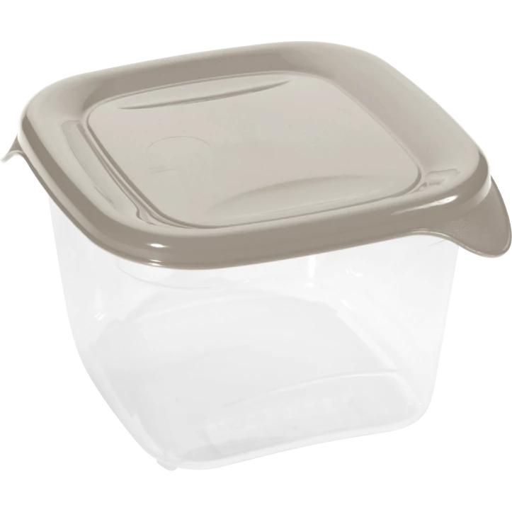 Átlátszó műanyag ételtároló doboz bézs fedéllel és praktikus füllel. Könnyen zárható, ideális ételek frissen tartására, tárolására vagy szállítására a mindennapokban.