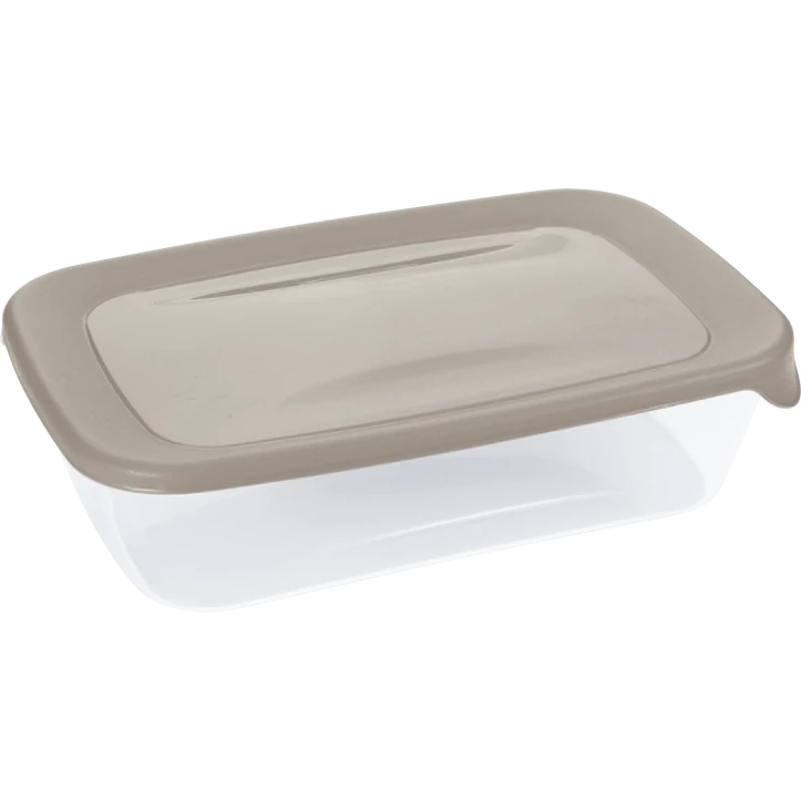 Átlátszó műanyag ételtároló doboz bézs színű, zárható fedéllel. Ideális maradékok, friss élelmiszerek vagy ebéd tárolására. Praktikus konyhai kiegészítő mindennapi használatra.