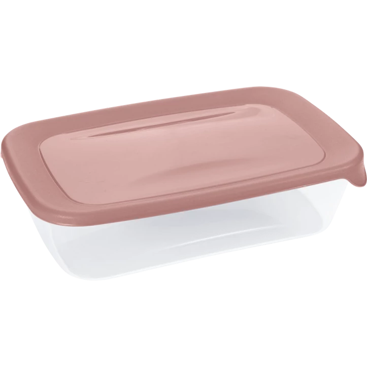 Átlátszó műanyag ételtároló doboz rózsaszín fedéllel. Ideális ételek frissen tartásához, hűtőben vagy útközben való tároláshoz. Praktikus, légmentesen záródó kialakítás.