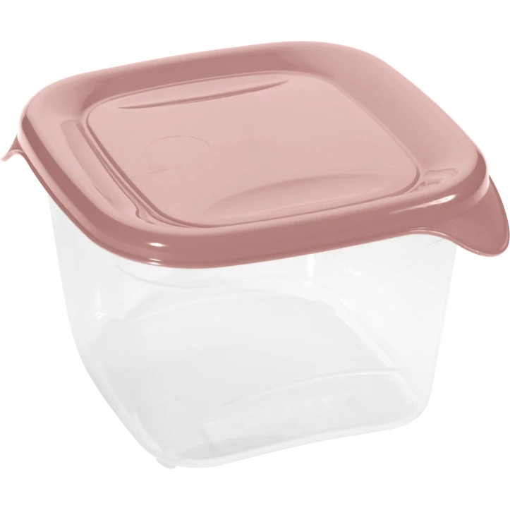 Átlátszó műanyag ételtároló doboz 1,2 liter űrtartalommal, rózsaszín fedéllel és oldalsó füllel. Praktikus megoldás friss ételek tárolásához, hűtéséhez vagy szállításához.