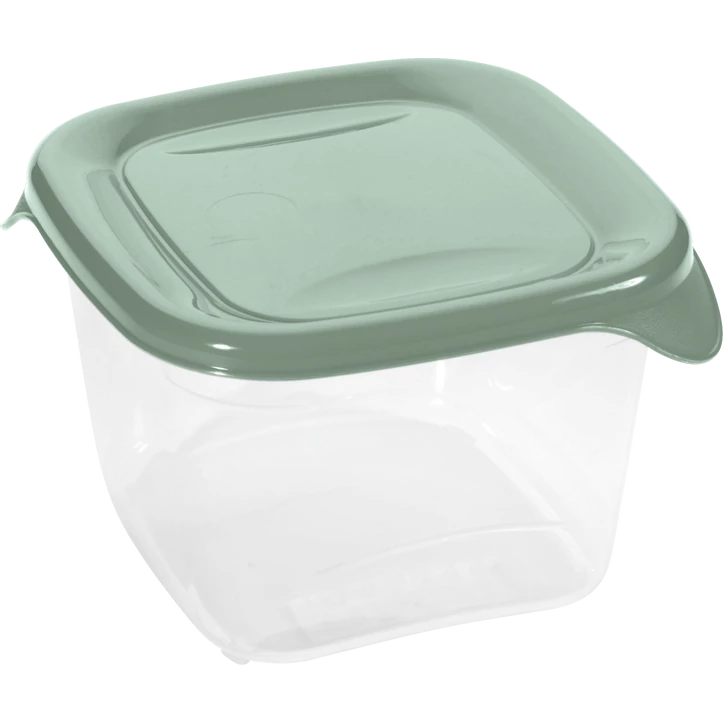 Átlátszó műanyag ételtároló doboz 1,2 liter űrtartalommal, zöld fedéllel és oldalsó füllel. Kiváló friss ételek tárolására, szállítására vagy hűtőben való elhelyezésére.