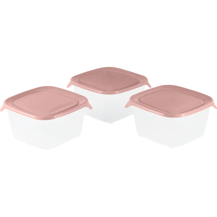 Három darab átlátszó műanyag ételtároló doboz rózsaszín fedéllel, egyenként 1,2 liter űrtartalommal. Ideális készlet ételek frissen tartásához, rendszerezéséhez és szállításához.