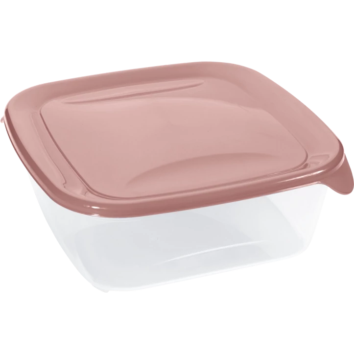 Átlátszó műanyag ételtároló doboz 1,7 liter űrtartalommal, rózsaszín fedéllel. Praktikus megoldás nagyobb mennyiségű étel friss tárolásához, szállításához vagy hűtéséhez.