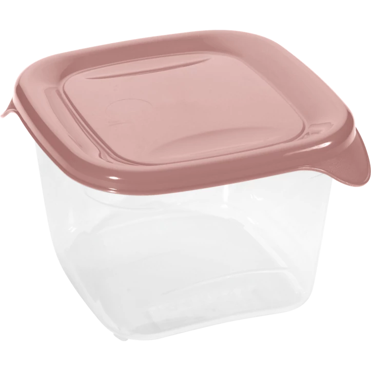 Átlátszó műanyag ételtároló doboz rózsaszín fedéllel és praktikus oldalsó füllel. Ideális friss ételek higiénikus tárolására, hűtésére vagy szállítására a mindennapi használat során.
