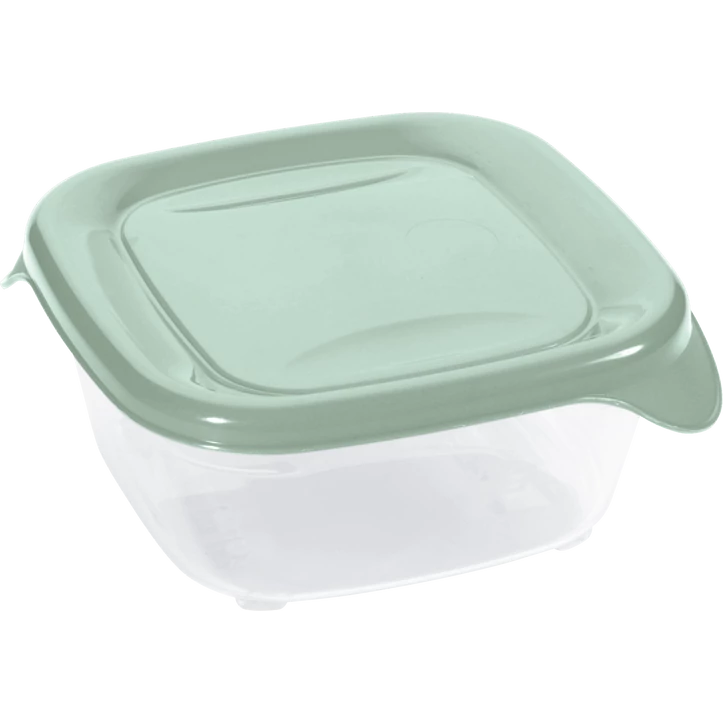 Átlátszó műanyag ételtároló doboz világoszöld fedéllel és oldalsó füllel. Tökéletes választás ételek frissen tartásához, tárolásához vagy kényelmes szállításához.
