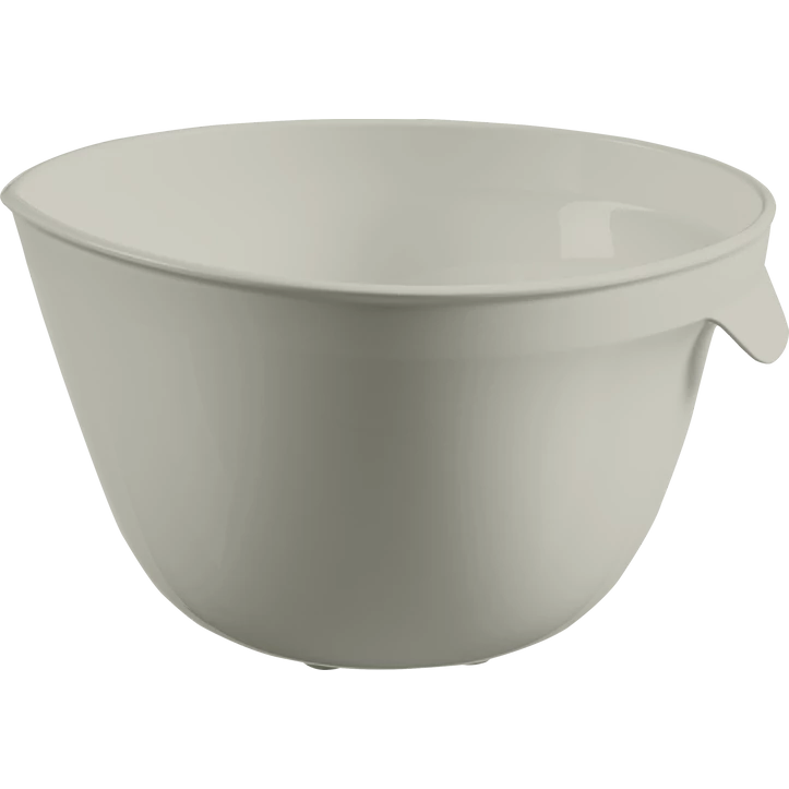 Bézs színű, 3,5 liter űrtartalmú műanyag keverőtál oldalsó fogantyúval. Nagyobb mennyiségű tészta, saláta vagy egyéb alapanyag kényelmes előkészítéséhez ideális konyhai eszköz.