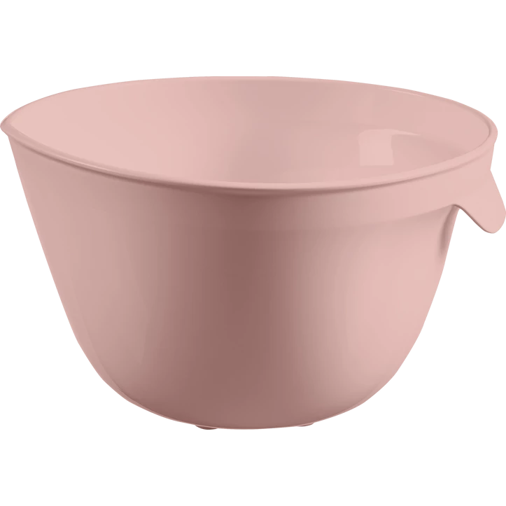 Rózsaszín műanyag keverőtál 3,5 liter űrtartalommal, praktikus oldalsó fogantyúval. Tökéletes nagyobb adag tészták, saláták vagy sütemények előkészítésére a konyhában.