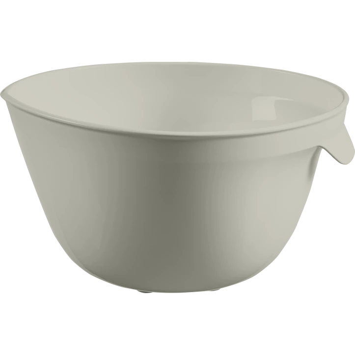 Bézs színű, 2,5 liter űrtartalmú műanyag keverőtál praktikus fogantyúval. Ideális alapanyagok előkészítéséhez, tészták, saláták vagy szószok keveréséhez a konyhában.