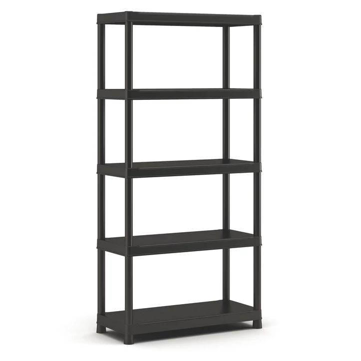 Fekete műanyag polcrendszer öt polccal, mérete 90 cm széles és 182 cm magas, ideális garázsok, pincék vagy háztartási helyiségek rendszerezésére. Strapabíró és könnyen összeállítható.
