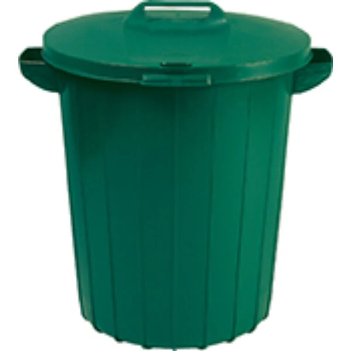 Zöld, 90 literes műanyag kültéri szemetes, mechanikai sérüléseknek és időjárásnak ellenálló anyagból készült. Két megerősített fogantyúval rendelkezik, könnyen hordozható. Fehér háttéren fotózva.