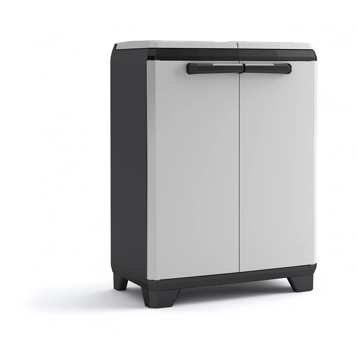 KETER 'SPLIT PREMIUM' szelektív hulladékgyűjtő műanyag tároló, modern, szürke és fekete színben, zárható rekeszekkel és puha tapintású fogantyúkkal, fehér háttéren fotózva, ergonómikus kialakítással a kényelmes használatért.