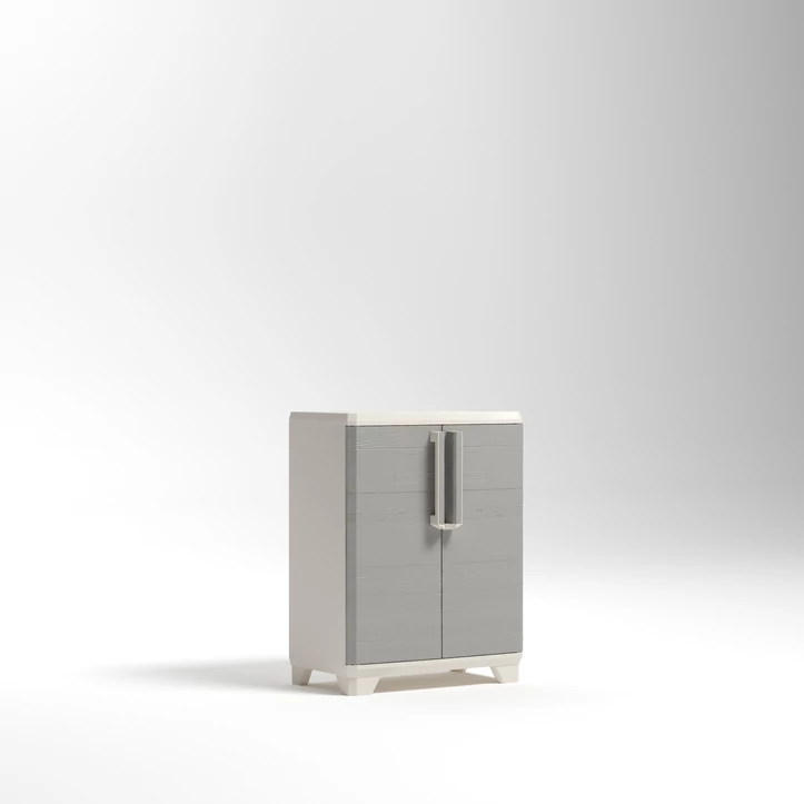 KETER 'LINEAR WOOD BASE' műanyag szekrény, világos bézs és szürke színben, ötletes megjelenésével és zárható fogantyúival biztonságos tárolást biztosít. Stílusos kivitelezés, állítható polc, 68 cm hosszú, 39 cm széles, 90 cm