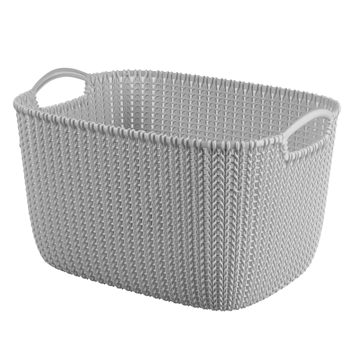 Szürke, műanyagból készült CURVER 'Knit' L méretű kosár, téglalap alakú, 19 liter űrtartalommal. Különleges kötött hatású design, kényelmes fogantyúkkal a könnyű szállításhoz.