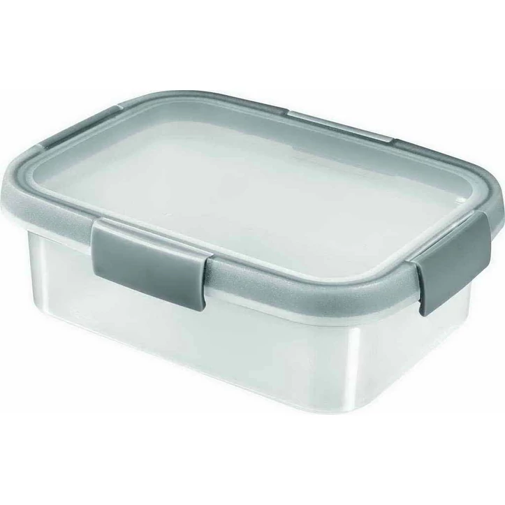 1,2 literes, téglalap alakú Smart Fresh ételtartó, átlátszó műanyagból, szürke színű záróklipszel. Praktikus tárolásra hűtőben és mélyhűtőben, ételek frissen tartására alkalmas. Fehér háttéren fotózva.