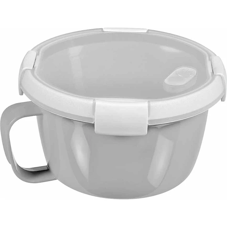 Szürke, műanyag kerek ételtartó, 0,9 literes kapacitással, praktikus fülekkel és zárható fedéllel. Az ételtartó mikrohullámú sütőben melegíthető, mosogatógépben mosható és helytakarékosan egymásra tehető.