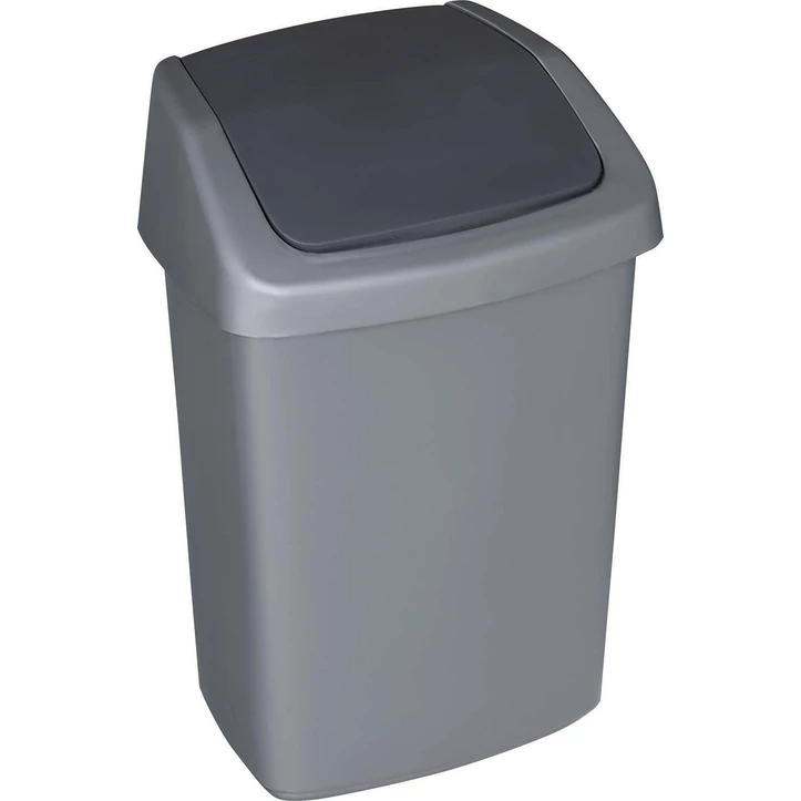 Sötét szürke, műanyag billenő fedeles szemetes, 10 literes űrtartalommal. Minimalista forma, ideális konyhába vagy fürdőszobába. Teteje könnyen levehető a szemeteszsák cseréjéhez.