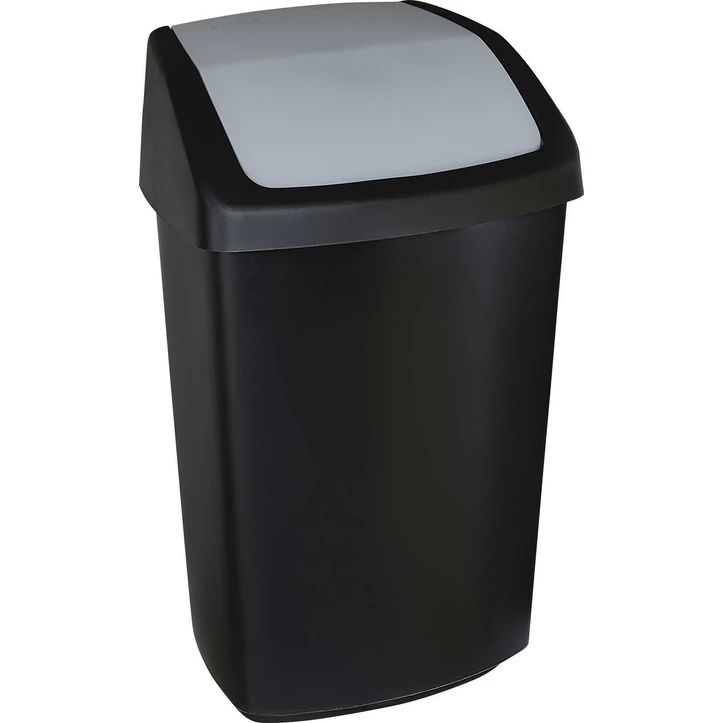 Fekete színű CURVER 'SWING TOP' billenő fedeles szemetes, 50 literes kapacitással, egyszerű használattal és levehető fedéllel. Minimalista design, ideális konyhába, fürdőszobába vagy irodába.